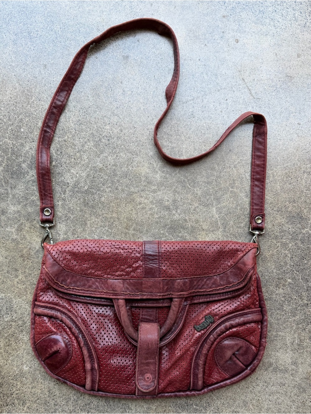 Vintage Red Perforated Leather Crossbody Bag
